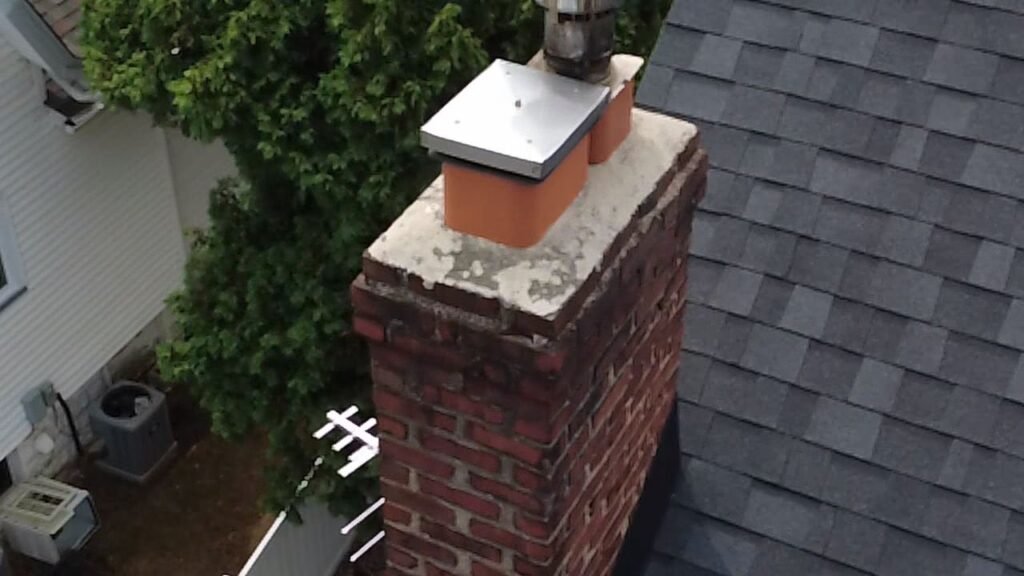 Brick chimney with a white crown and metal cap on a shingled roof, Montclair, NJ