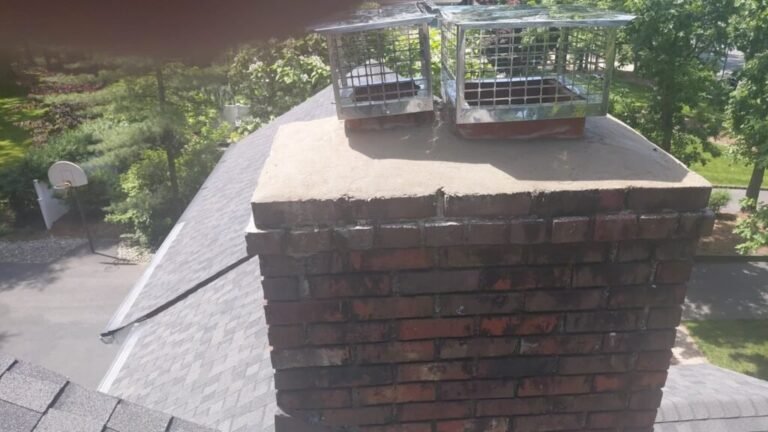Brick chimney with a metal cap fitted on each of its two flues