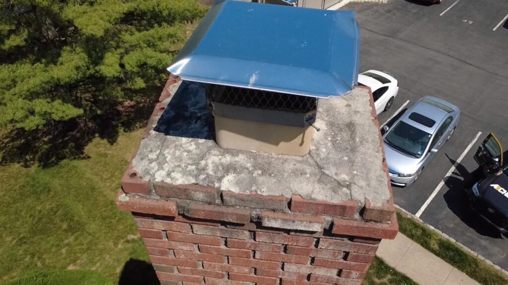 Brick chimney with a new metal cap with a blue tint over a mesh-screened flue