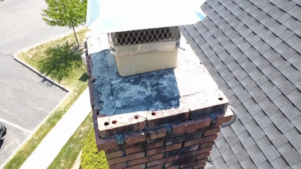 Chimney crown with a dark coating and a new mesh-screened cap, aerial view