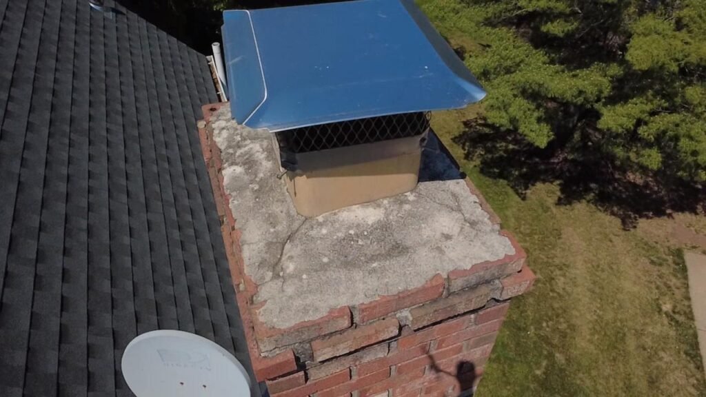 Brick chimney with a repaired crown and a new metal cap with a blue tint