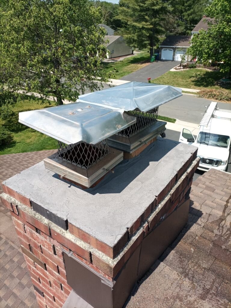 Chimney top with two metal caps with mesh screens on a repaired crown