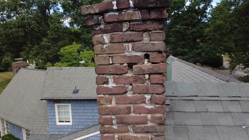 Brick chimney top with worn brick and light-colored mortar