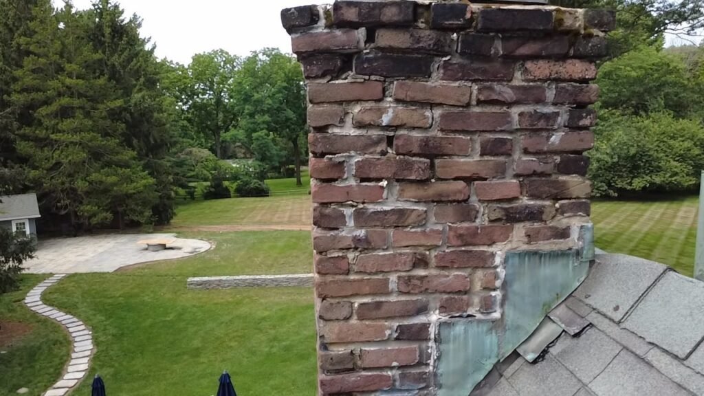 Brick chimney with flashing at its base on the roof