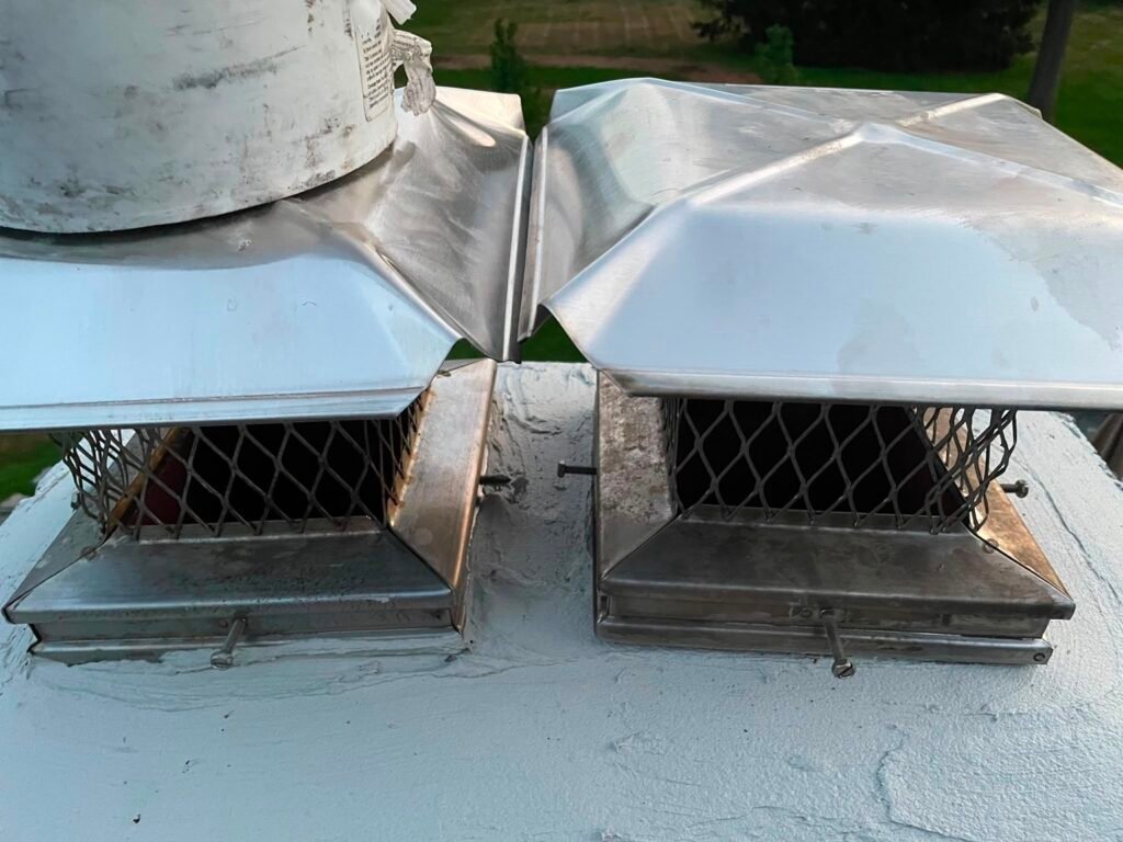 Two new metal chimney caps with mesh screens on the crown