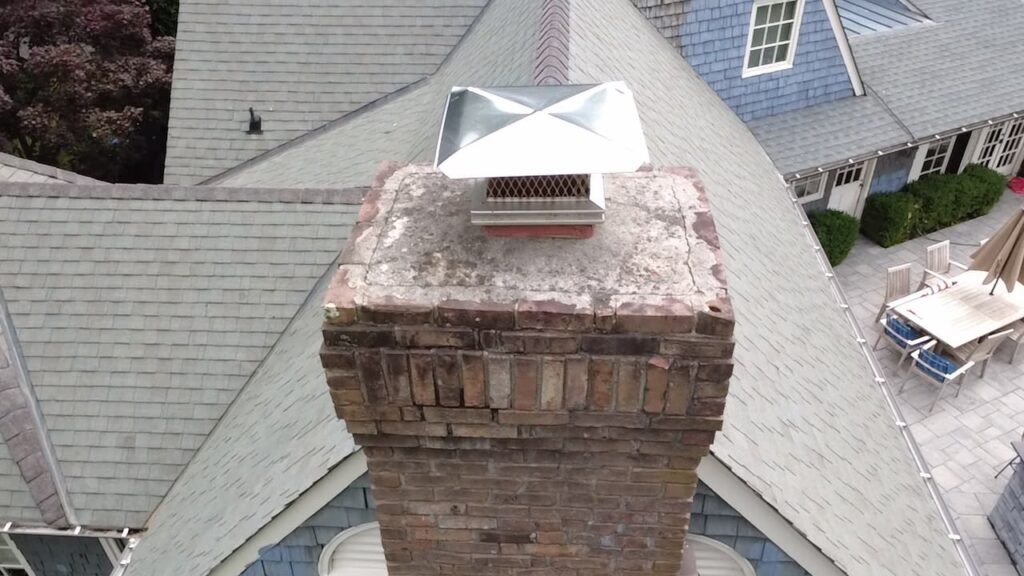 Brick chimney with a metal cap, seen from above the roof