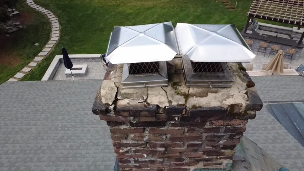 Brick chimney with two metal caps on a cracked crown