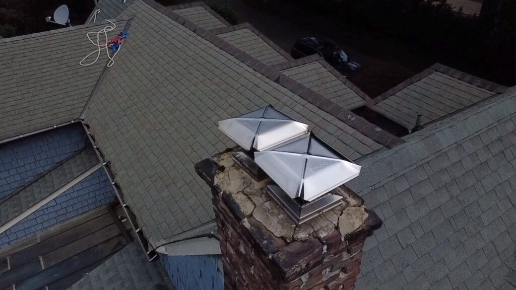 Aerial view of a chimney with two metal caps on a worn crown
