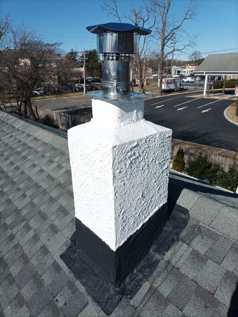 Textured white stucco coating on the chimney with a new stainless steel pipe and cap