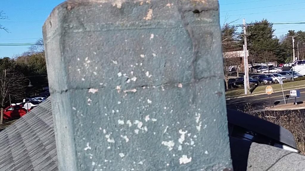 Close-up of the chimney surface with flaking, chipped paint