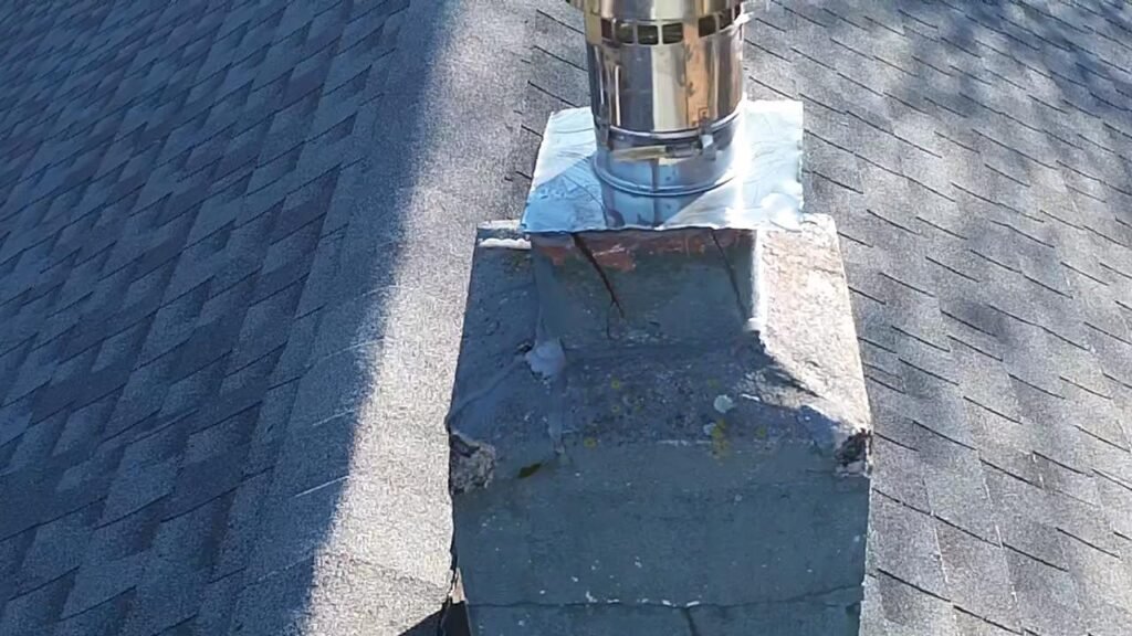 Chimney top with a cracked gray crown around a metal flue pipe