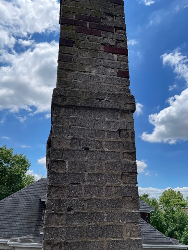 Original brick chimney with cracked and weathered brick